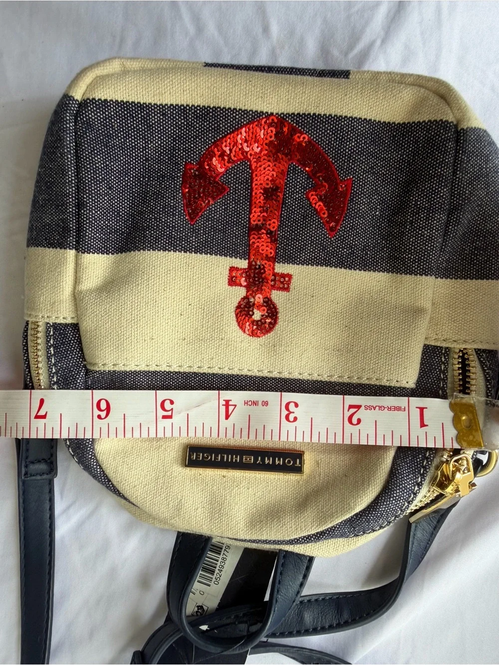 Tommy Hilfiger Striped Mini Backpack with Red Sequin Anchor